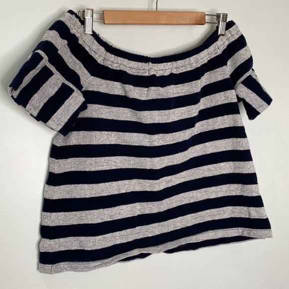 Madewell Women Gray Navy Off Shoulder Large Striped Cotton Ribbed Top Size Large - Picture 2 of 10